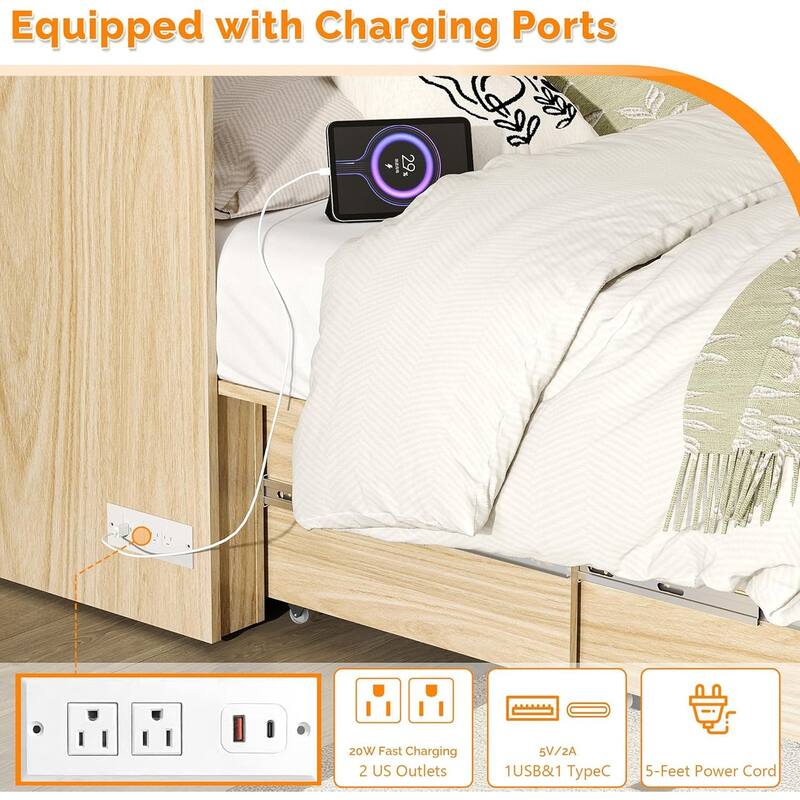 Rattan Murphy Bed with Storage Drawer, Space-Saving Cabinet Bed for Kids,Adults and Guests,Beige