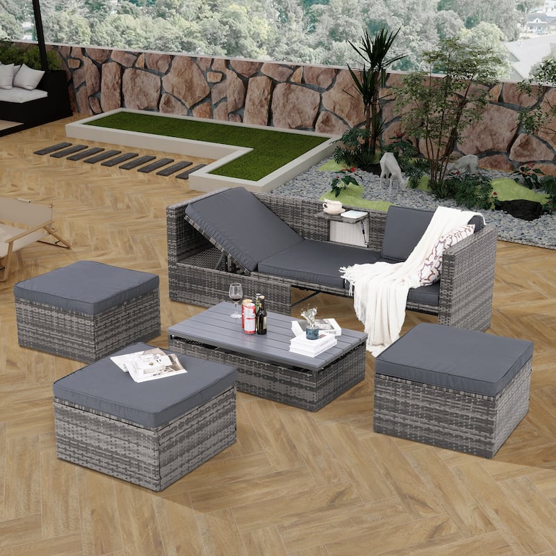 5 Pieces PE Wicker Outdoor Sectional Sofa Set with Lift-Top Coffee Table