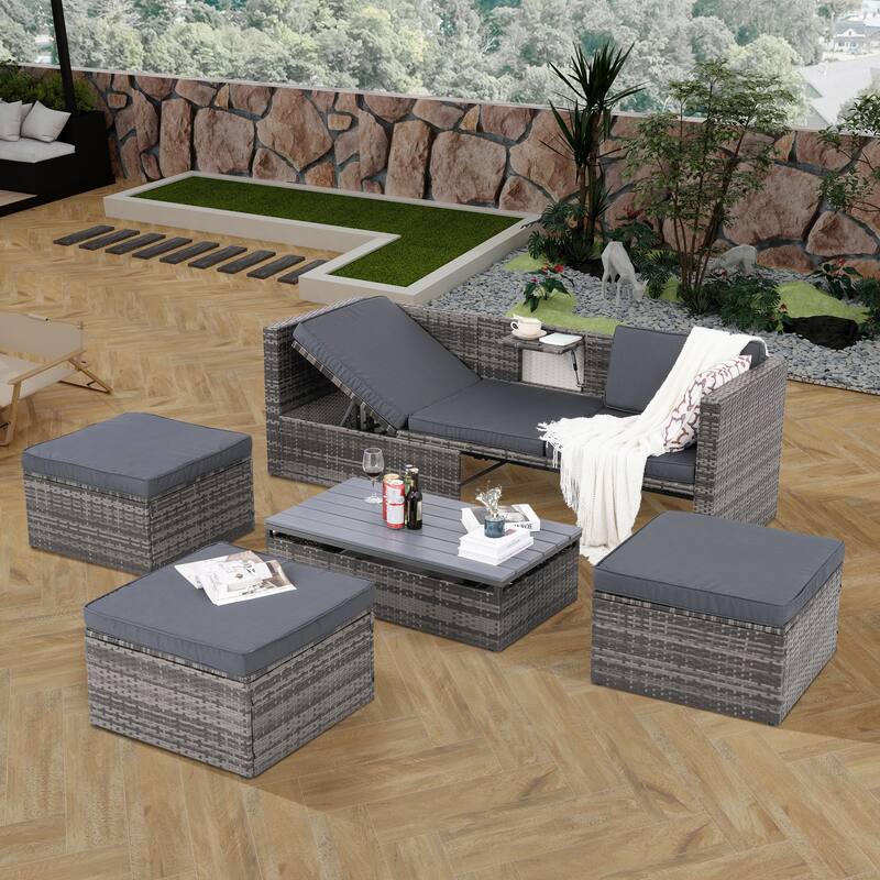 5 Set Outdoor Patio Conversation Set, Seasonal PE Wicker Furniture with lift TOP Coffee Table & Lounger Sofa
