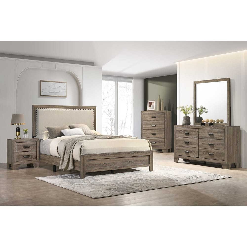 Linette 6 Piece Grey Contemporary Solid Wood And Veneers Fabric Panel Upholstered Bedroom Set