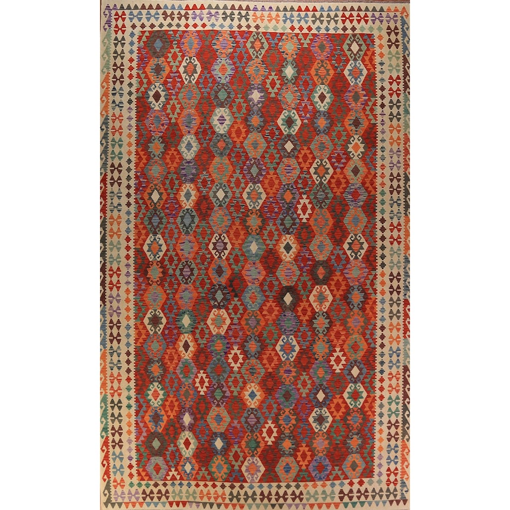 All-Over Geometric Kilim Oriental Large Rug Hand-Woven Wool Carpet - 10'0" x 16'2"
