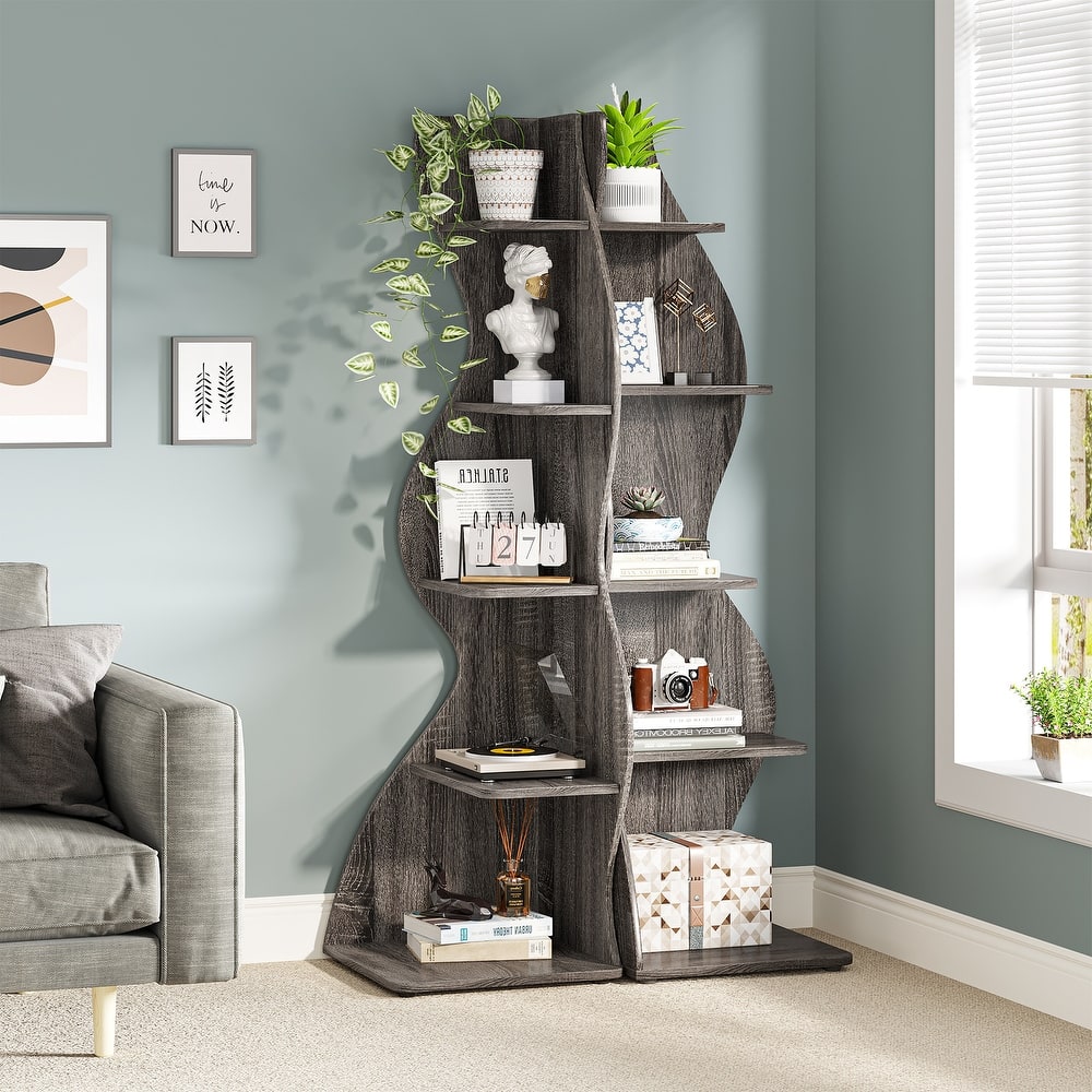 Modern Wood Corner Shelf, 5-Tier Bookshelf Bookcase for Living Room