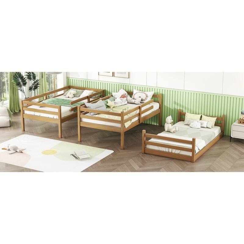 Roomfitters Triple Rubber Wood Bunk Bed, Detachable Twin over Twin over Twin with Ladders and Guardrails