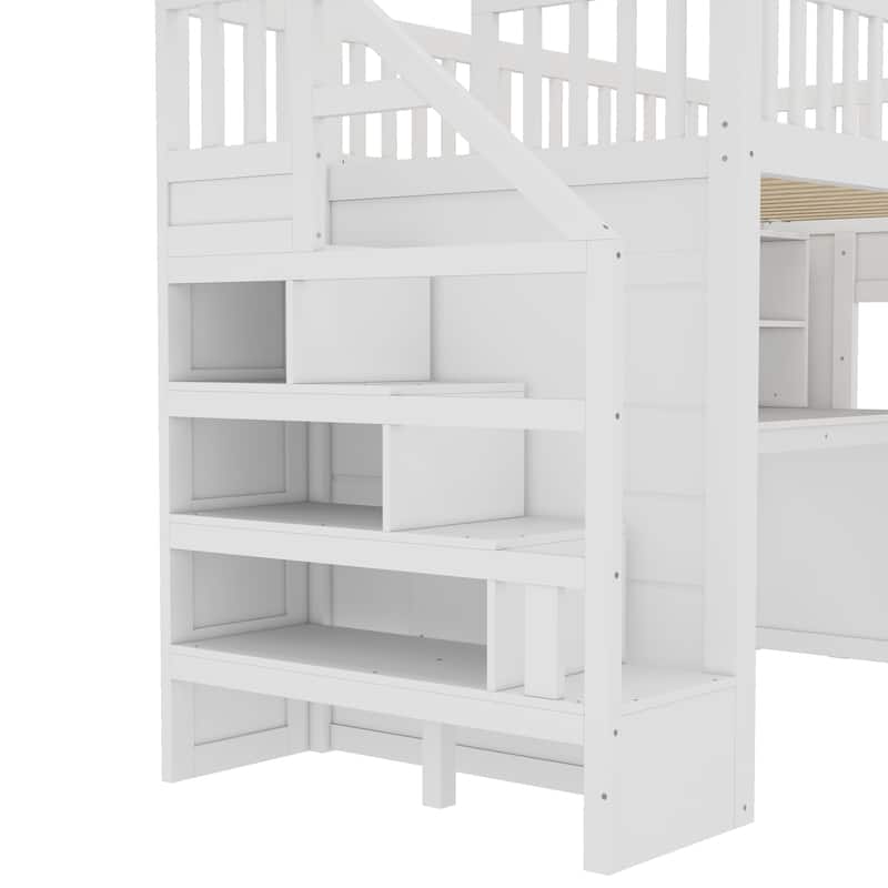 Roomfitters Loft Bed with Movable Desk and Storage Stairs, Solid Wood Workstation