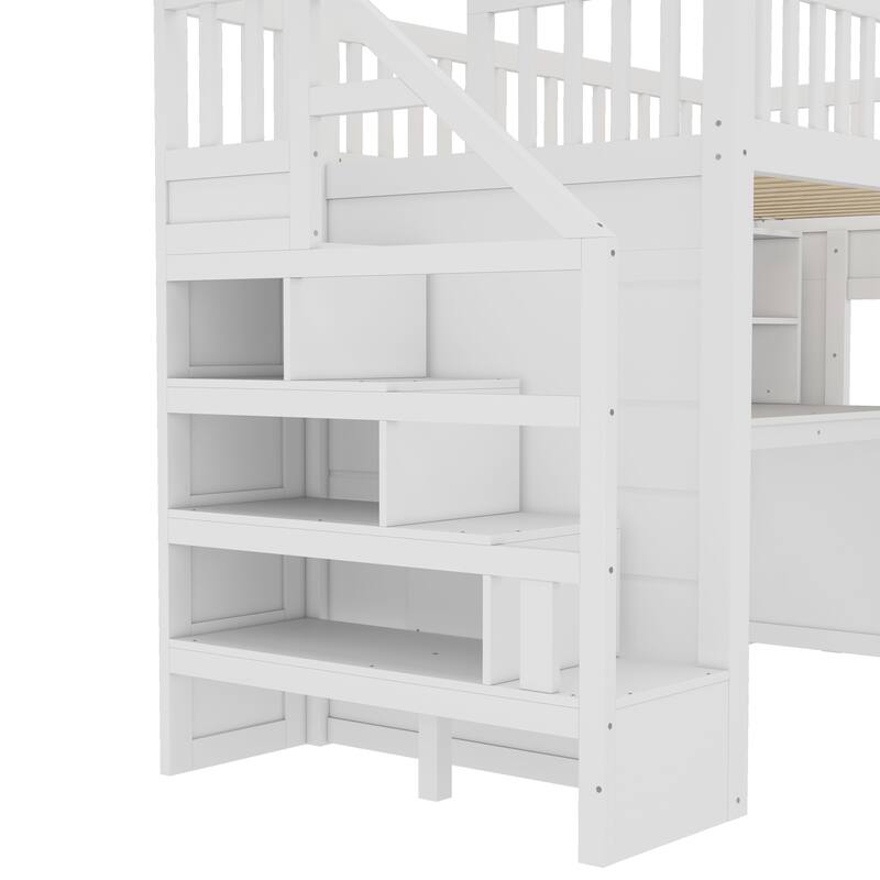 Twin Size loft bed with movable desk and storage shelf, featuring storage stairs