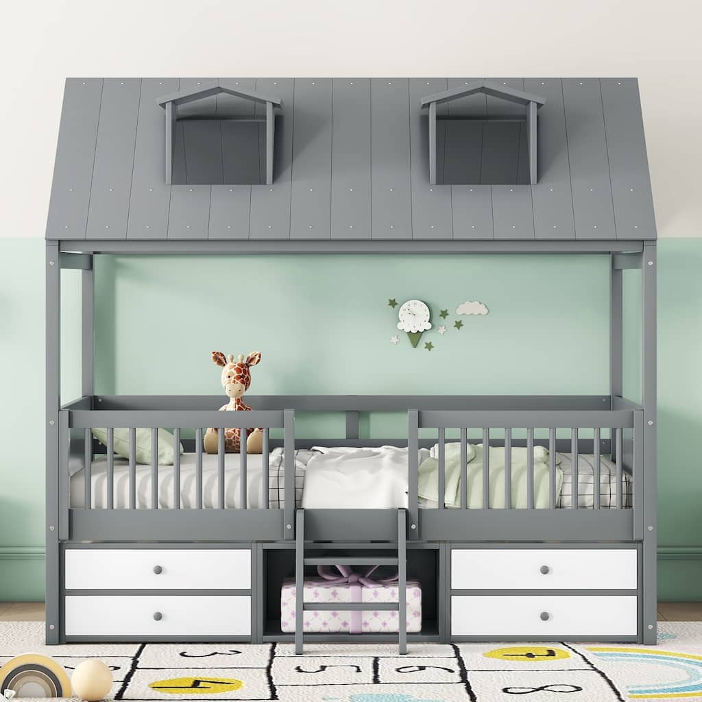 Gray Twin Size Wood Bed House with Fence and Roof for Kids, Boys and Girls, Bedroom