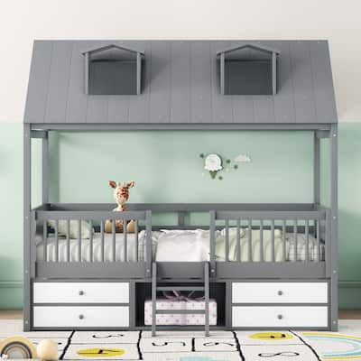Gray Twin Size Wood House Bed with Fence & Roof