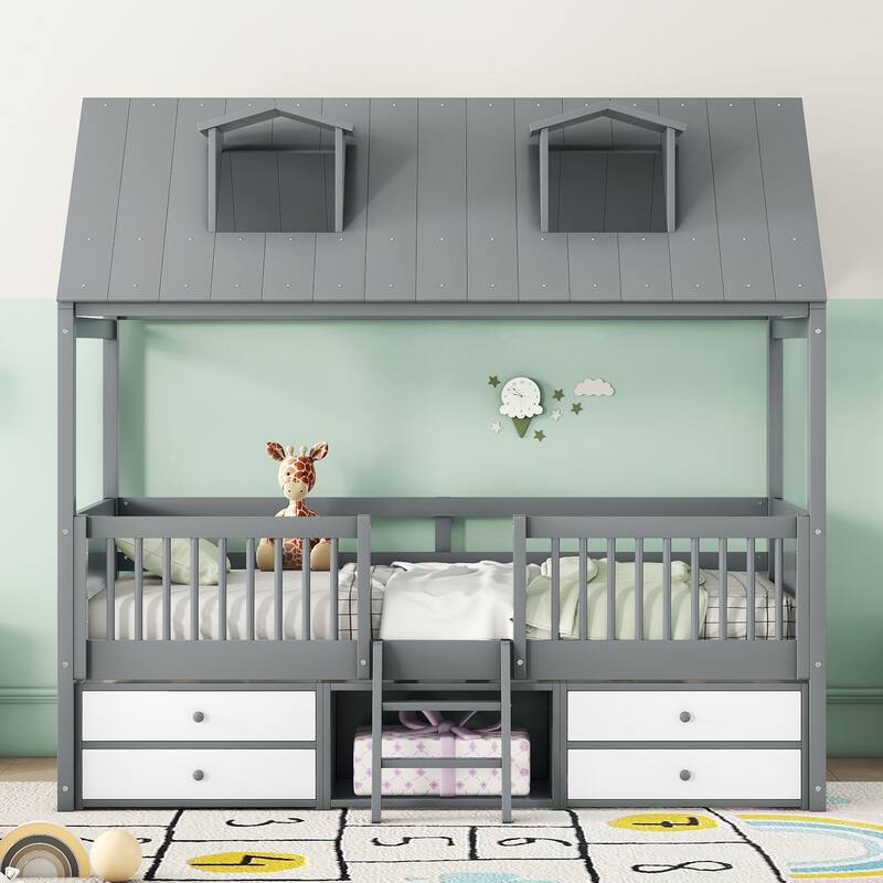 Twin Size Wooden House Bed with Roof Skylights, Ladder, 4 Drawers, Shelves, Fence and Solid Wood Frame, for Kids Ages 6+ - Grey - Twin