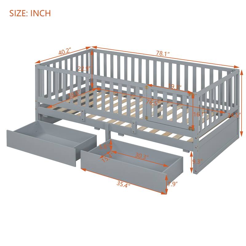 Pine Wood Daybed Floor Bed Frame with Fence Guardrails and 2 Drawers, Converts into Two Individual Beds, No Box Spring Needed