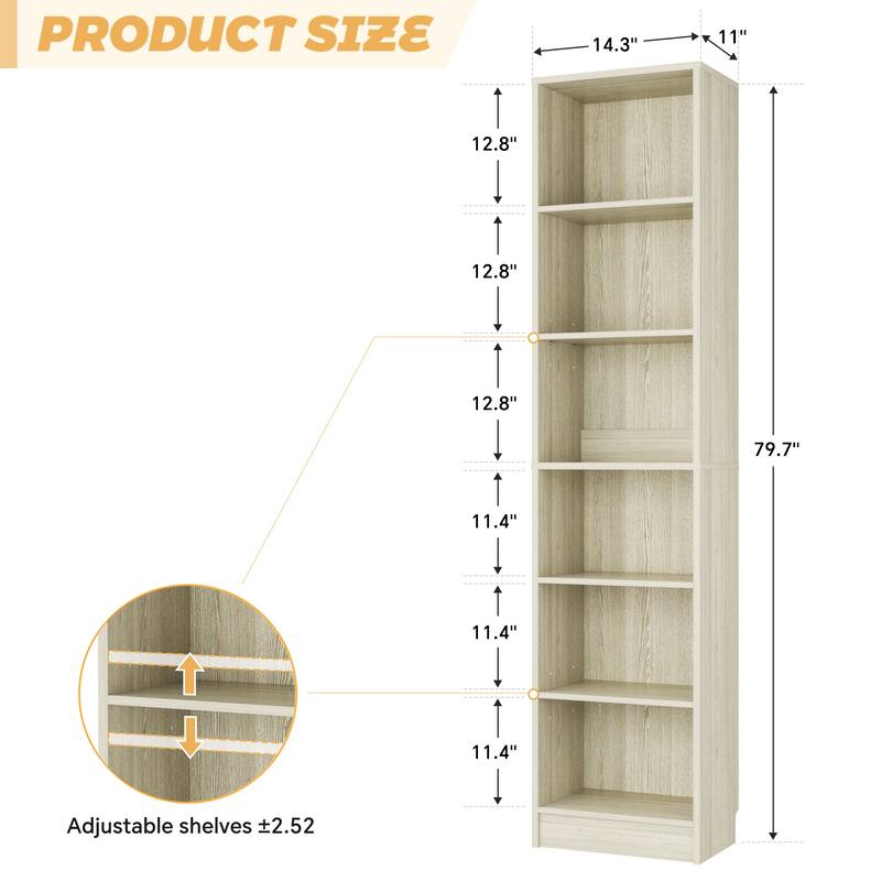 80"H Tall 6-Tier Bookcase With 2 Adjustable Shelves，Modern Open Storage Shelf for Home Office and Bedroom