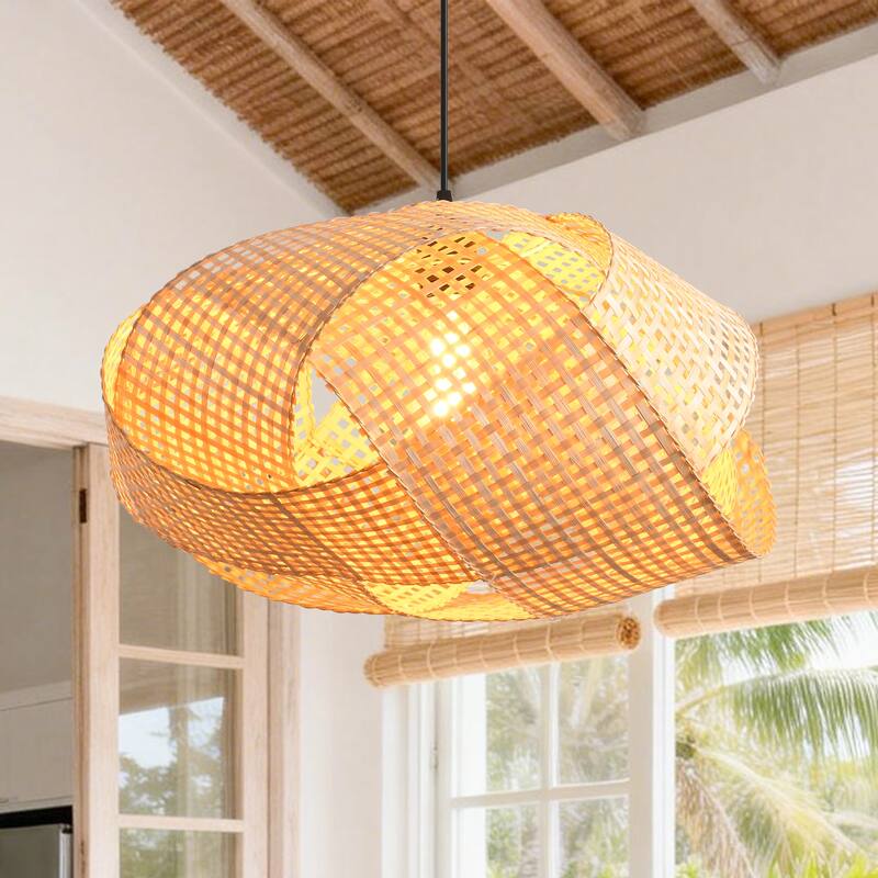 1-Light Personalized Design Rustic Bamboo Hand-Woven Pendant Lamp - 20" W x 59" H