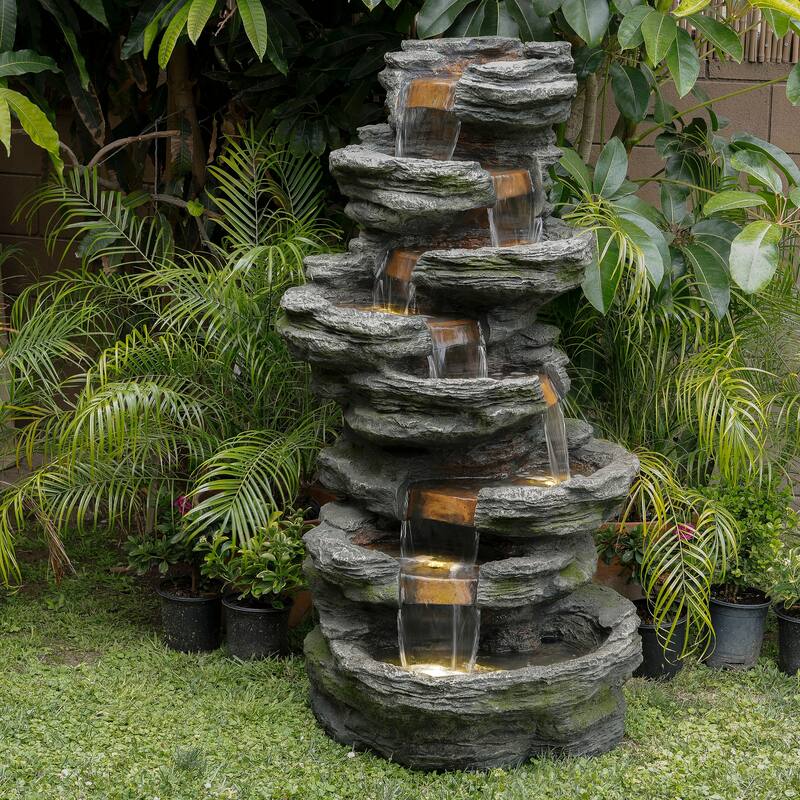 Alpine Corporation WIN1146 58" Gray Outdoor Floor 8 Tier Rock Water Fountain with LED Lights