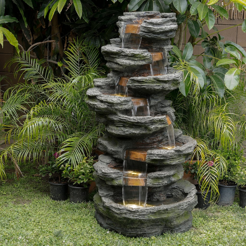 Alpine Corporation WIN1146 58" Gray Outdoor Floor 8 Tier Rock Water Fountain with LED Lights