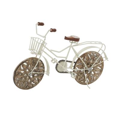 Metal Bike Decorative Sculpture with Carved Wood Wheels - White, Brown, Gold - Roche River Decor