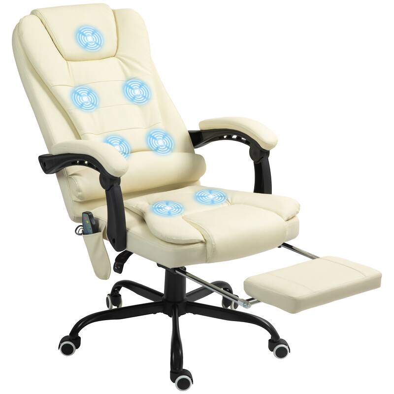 7-Point Vibrating Massage Office Chair with Lumbar Support, Footrest, Reclining Back, Adjustable Height - Cream White