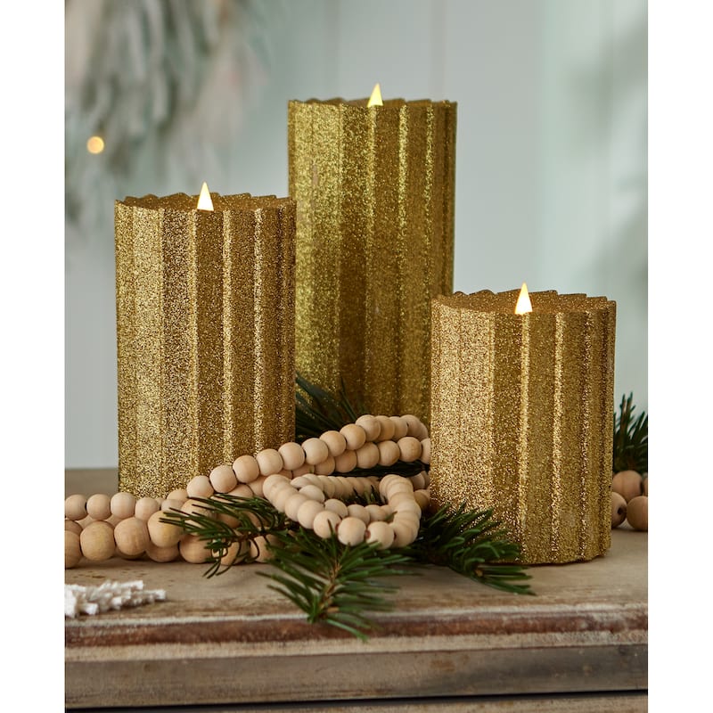 Sutton Fluted Motion Flameless Candle 4x8 Glitter Gold