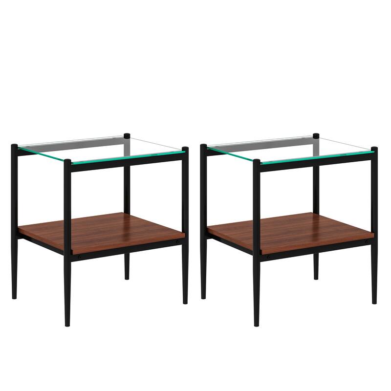 Set of 2, Rectangle End Table, Tempered Glass Tabletop with MDF layer, Modern Table for Living Room