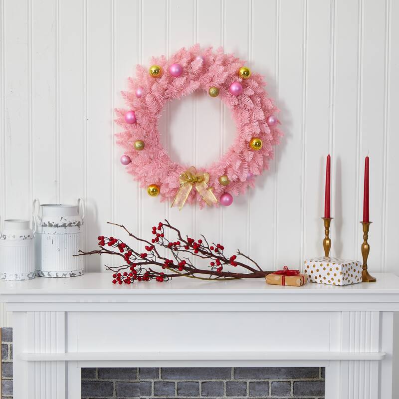 Pre-Lit Pink Artificial Christmas Wreath and Ornaments, 24-Inch, Clear LED Lights