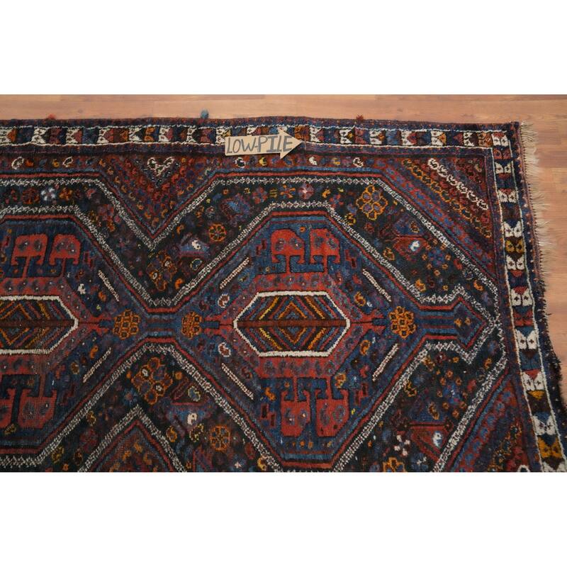 Hand Knotted Oriental 100% Wool Carpet Traditional Tribal Navy Blue & Blues Shiraz Runner Rug - 12' 2'' X 4' 3''