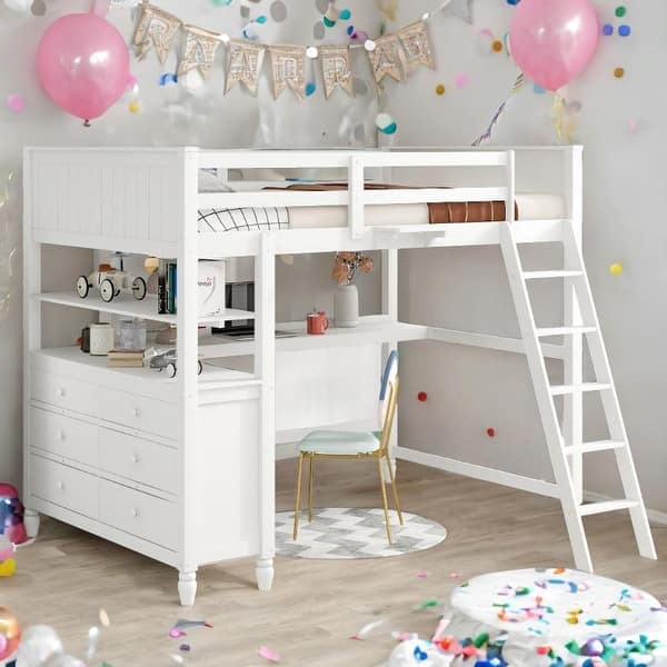 slide 2 of 19, Full size Loft Bed with Drawers and Desk, Wooden Loft Bed with Shelves, Maximized Space, No Box Spring Required, White White