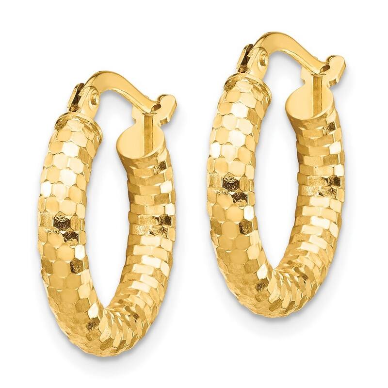 Curata 14k Yellow Gold 3x10mm Hollow Sparkle Cut Hoop Earrings
