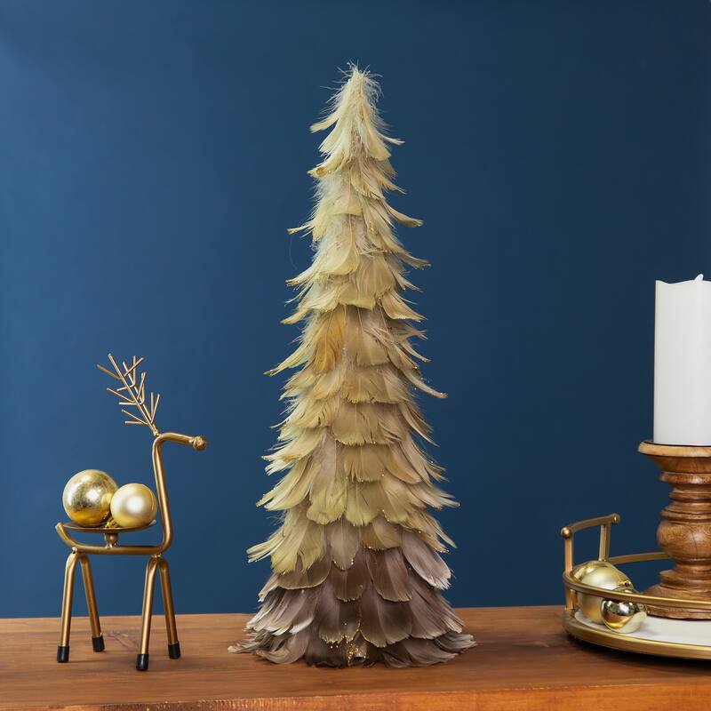 Feather Layered Cone Tree Christmas Decoration - 19.5" - Moss Green and Brown