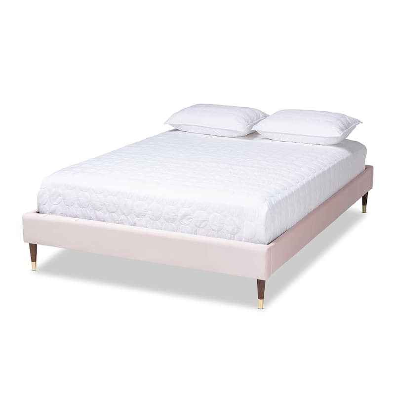 Volden Glam and Luxe Velvet Fabric Upholstered Wood Platform Bed Frame with Gold-Tone Leg Tips - Light Pink - Full