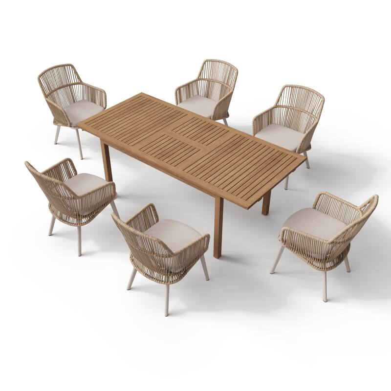 Outdoor Patio Dining Set PE Wicker Arm Chair and Extendable Dining Table (7-Piece Set)