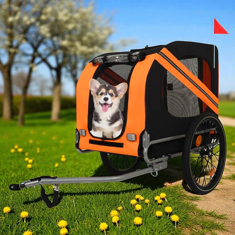 Folding Dog Bike Trailer with Steel Frame, 66LB Capacity Pet Carrier Cart with 20" Wheels & Waterproof Cover - Black Orange