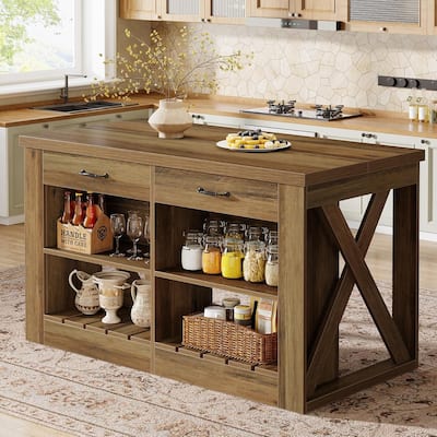 55" Wooden Farmhouse Kitchen Island Bar Table with Drawers and Shelf - 55.12" W x 27.5" D x 35.43" H