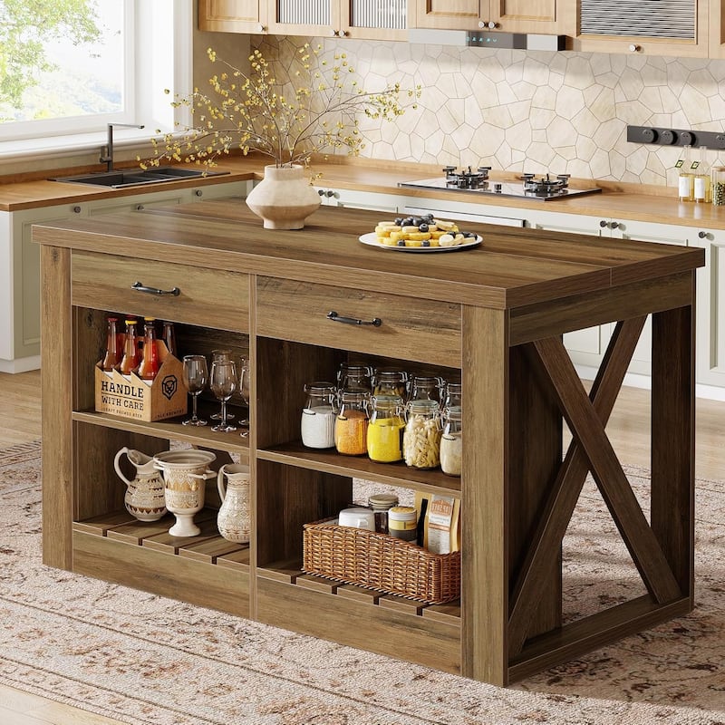 55" Wooden Farmhouse Kitchen Island Bar Table with Drawers and Shelf - 55.12" W x 27.5" D x 35.43" H - Brown