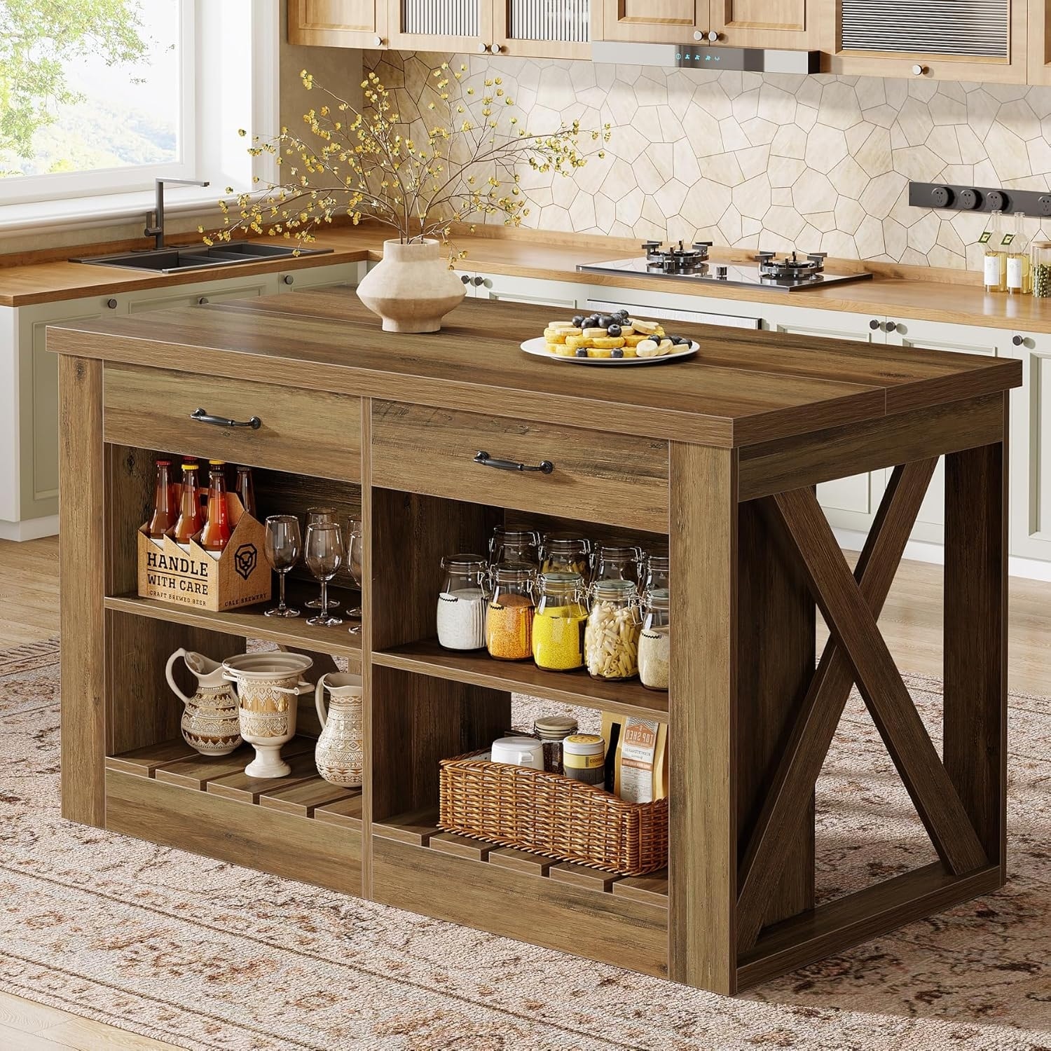 55-inch Kitchen Island with 2 Drawers and Open Shelf, Wooden Farmhouse Bar Table
