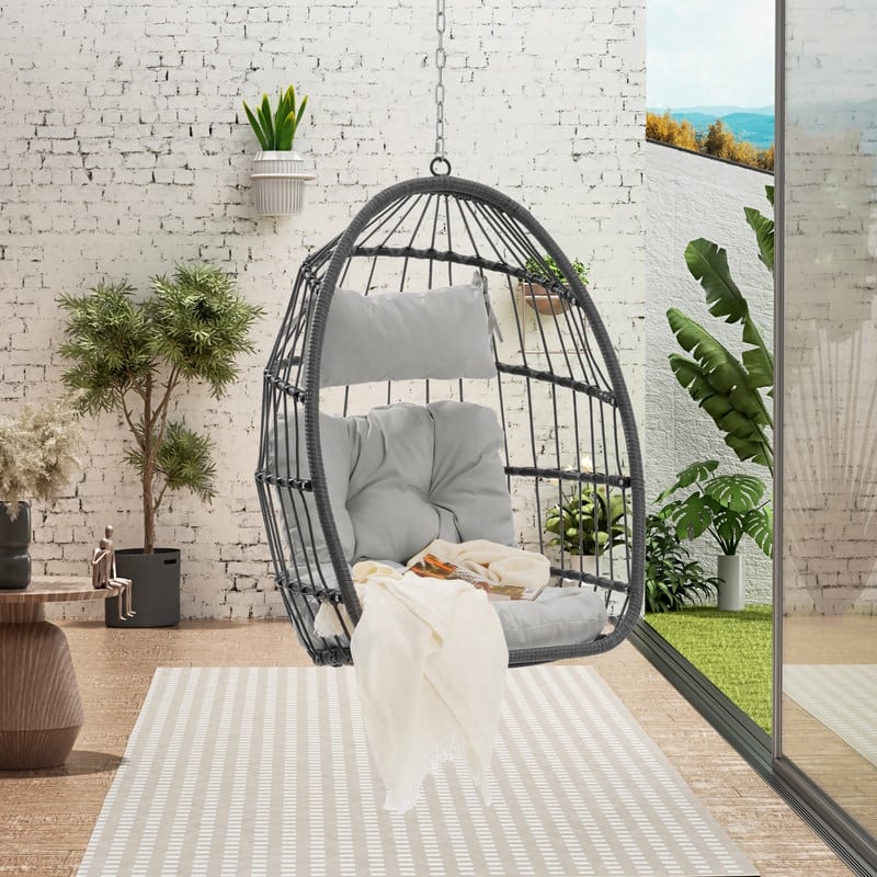 Egg Chair Outdoor Without Stand Indoor,Wicker Rattan Hammock Egg Porch Swing with Cushions for Bedroom Patio Balcony