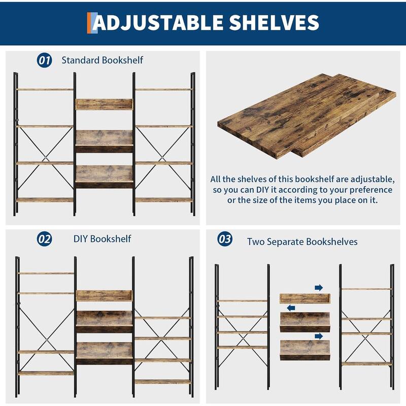 Industrial Triple Wide 4-Tier Bookcase with 11 Open Shelves, Metal Frame Display Shelf for Living Room, Bedroom, or Home Office