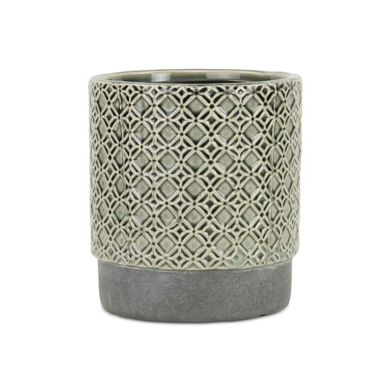 HomeRoots 6" Gray Geometric Ceramic Indoor Outdoor Round Pot Planter