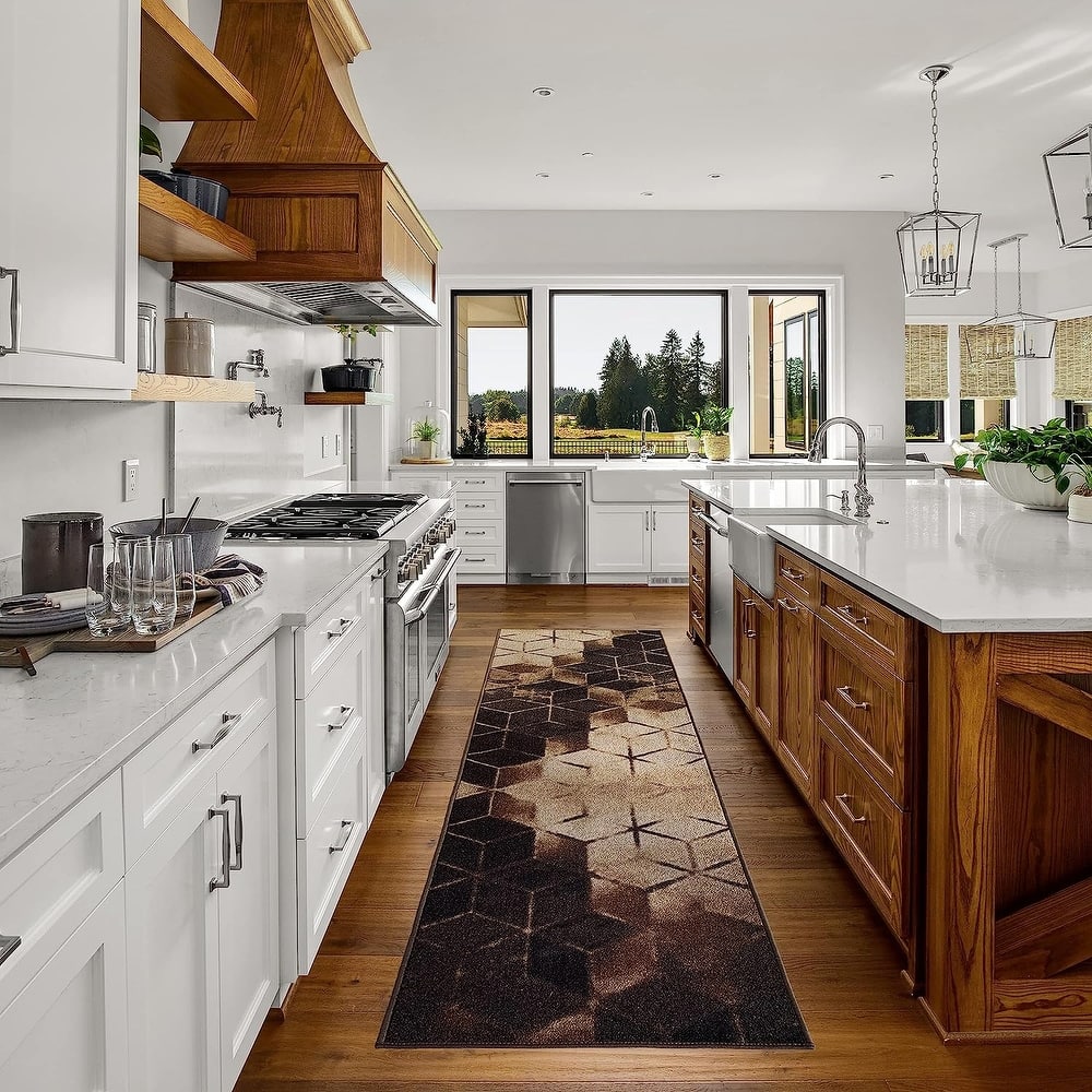 Custom Size Cubes Abstract Design Black,Brown Color Non-Slip Rubber Backing-26 Inch WidexYour Choice of Length Runner Rug