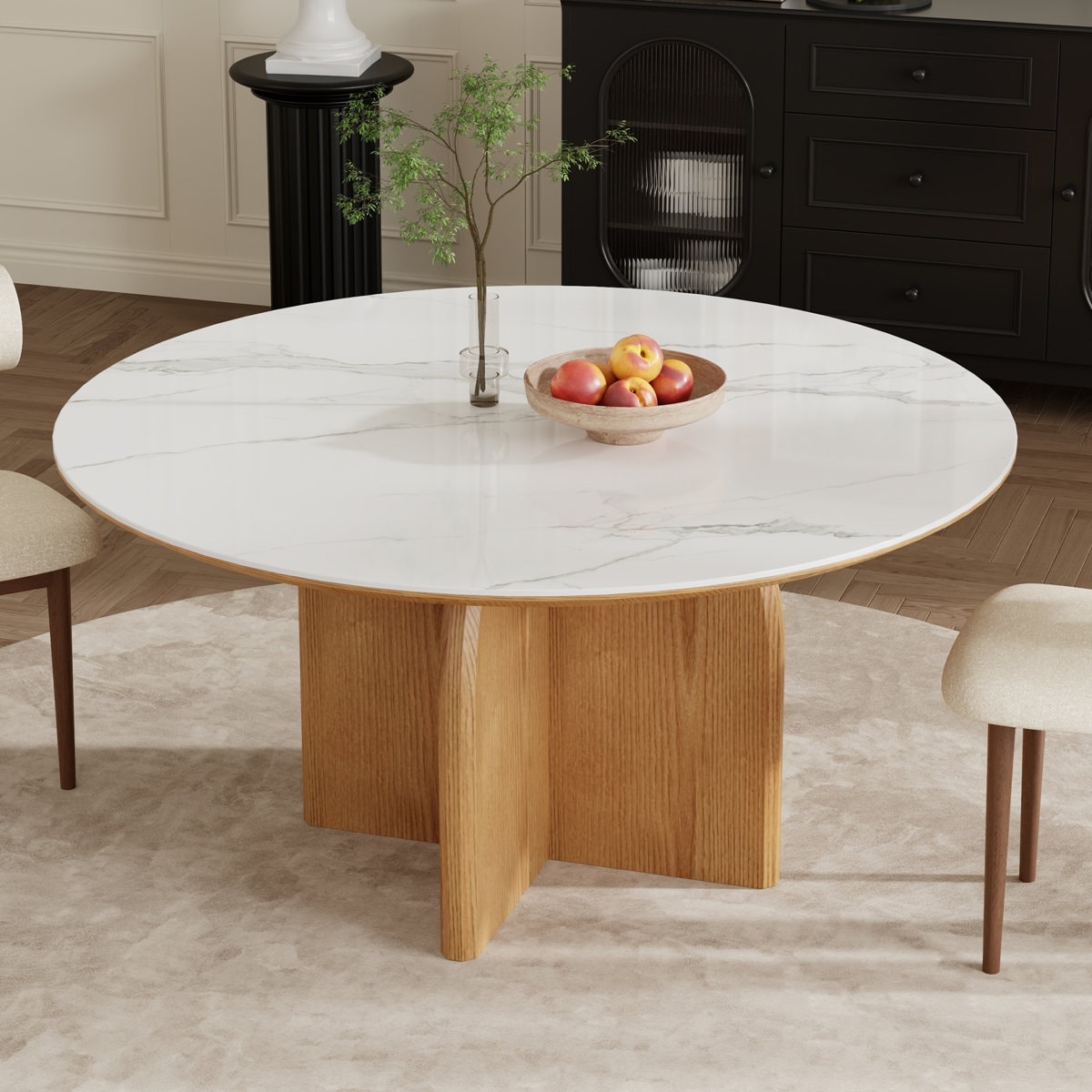 59" Modern Round Dining Table, Glossy White Sintered Stone, Solid Wood for 6-8