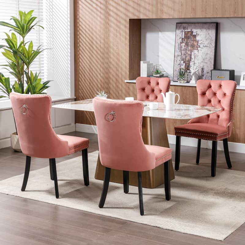 High-end Tufted Solid Wood Contemporary Velvet Upholstered Dining Chair with Wood Legs Nailhead Trim 2-Pcs Set