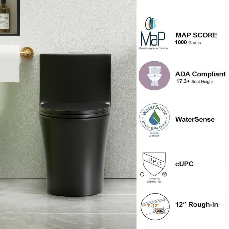 1.1/1.6 GPF Tornado Flush One-Piece Toilet Elongated, Siphonic S-trap 12",Soft Closing Seat, Button on Tank top - Matte Black