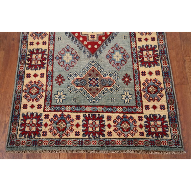 Light Blue Geometric Kazak Accent Rug Hand-Knotted Wool Carpet - 2'7" x 4'3"