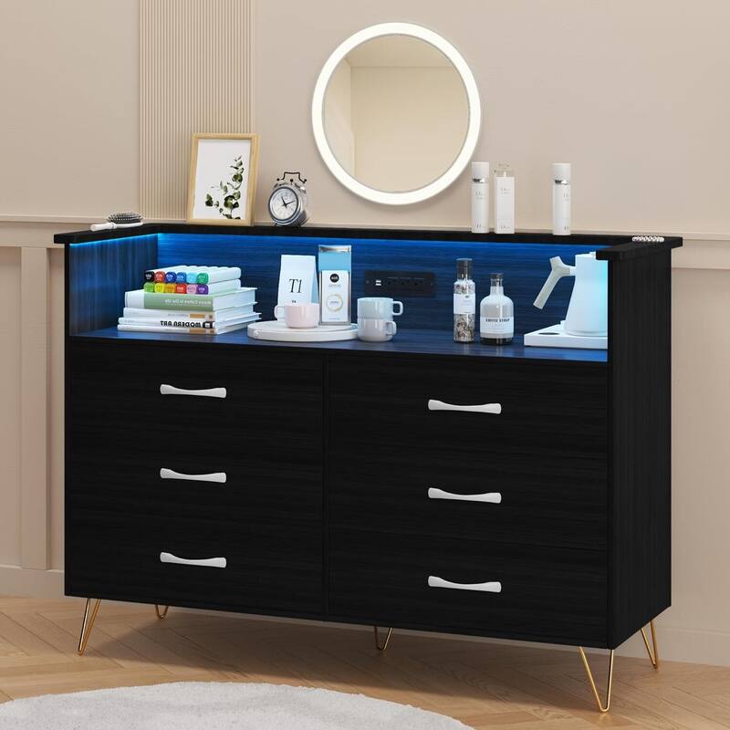 Takywep Black Dresser with LED Light for Bedroom 6 Drawer