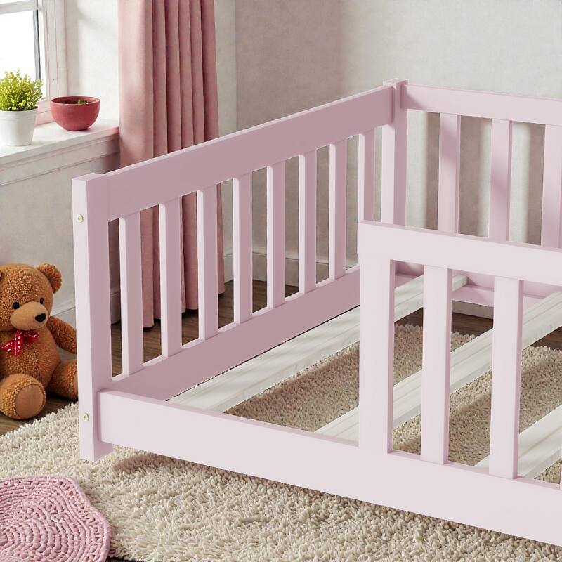 Floor Bed with Fence, Solid Rubber Wood Montessori Floor Bed with Safety Guardrails
