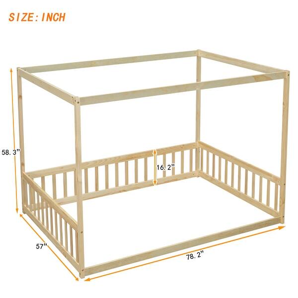Minimalistic Style Full Size Wooden Canopy Frame Floor Bed with Fence and Guardrails, Natural