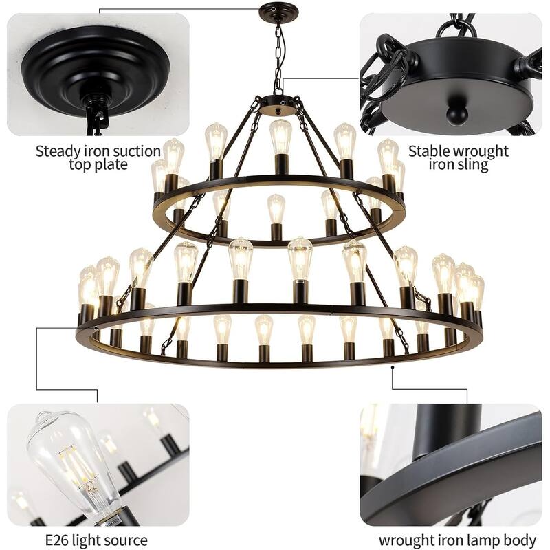 52"Extra Large Wagon Wheel Chandelier, 2 Tier 36-Lights Round High Ceiling Pendant Light Adjustable Chain