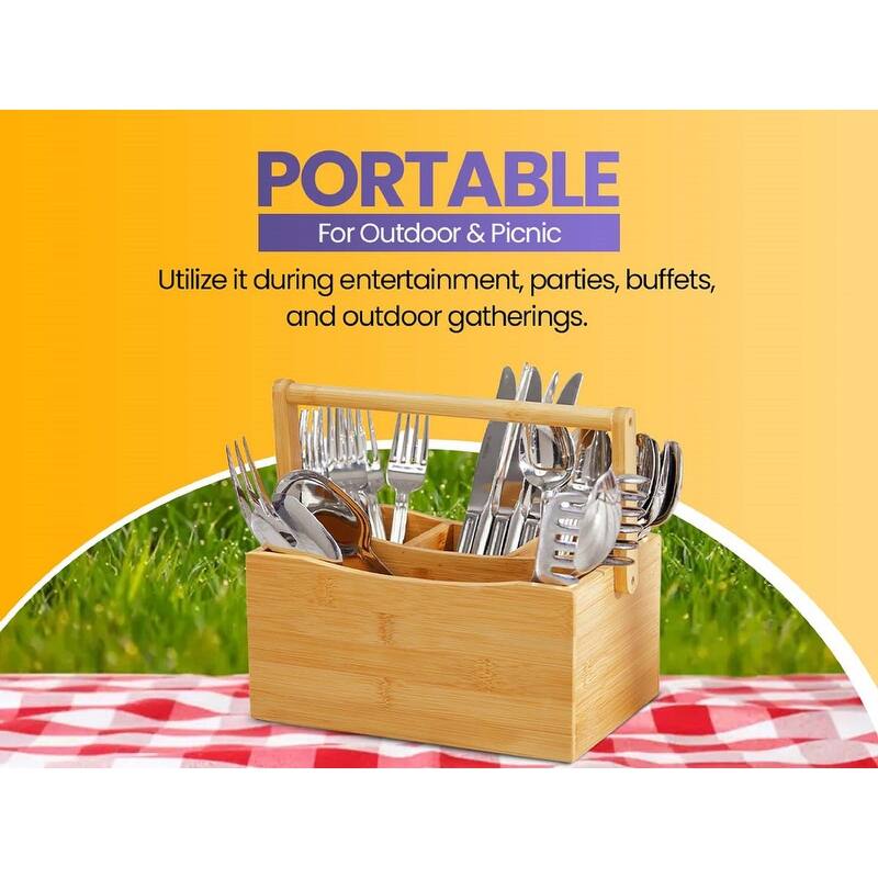 YBM HOME 4 Compartment Bamboo Cutlery and Napkin Caddy with Handle - Brown