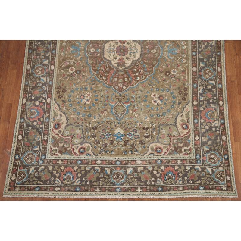 Hand Knotted Oriental 100% Wool Carpet Traditional Floral Green Tabriz Area Rug - 9' 5'' X 6' 4''