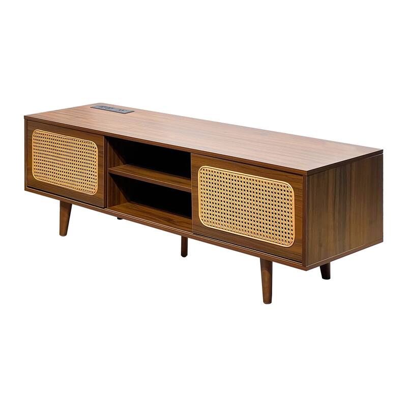 Modern TV Stand with 2 Storage Cabinet and Upper and Lower Compartment 4 Strips Wood Legs for Living Room