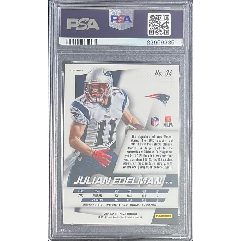 Julian Edelman 2014 Panini Prizm Red White Blue Football Card #34 Graded PSA 9 - 8'6" x 11'6"