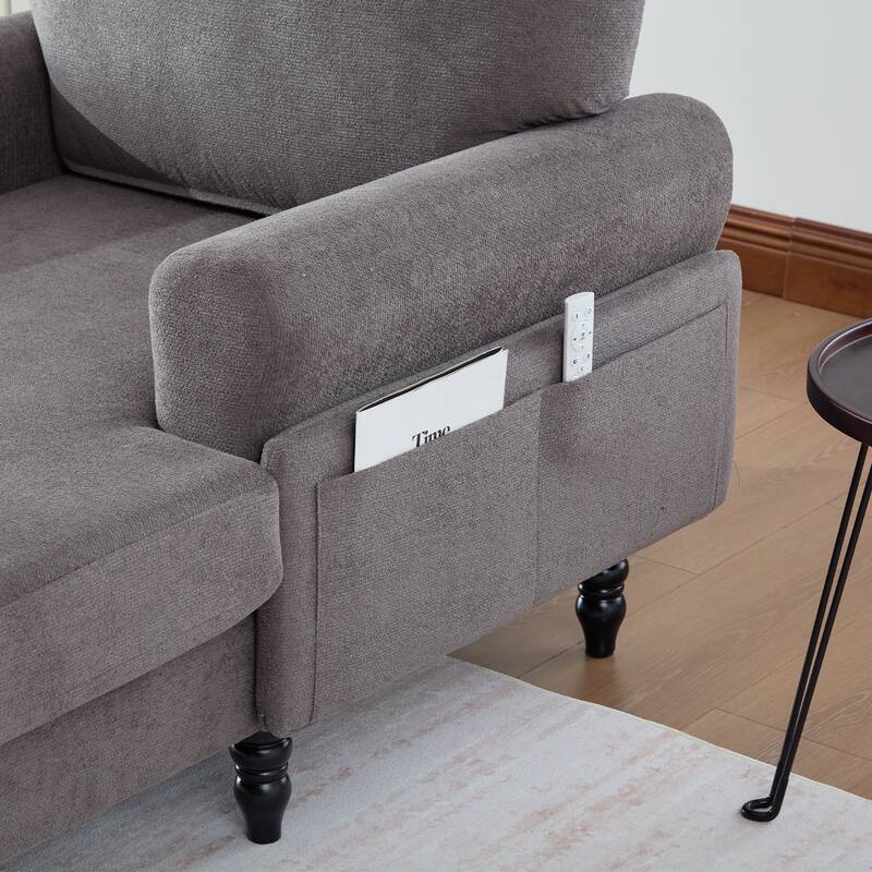 Modern Chaise Lounge Single Sofa Chair, Chenille Fabric Recliner Armchair with Side Pockets and Wooden Legs