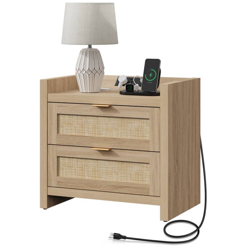 Farmhouse Nightstand with Charging Station and Drawers